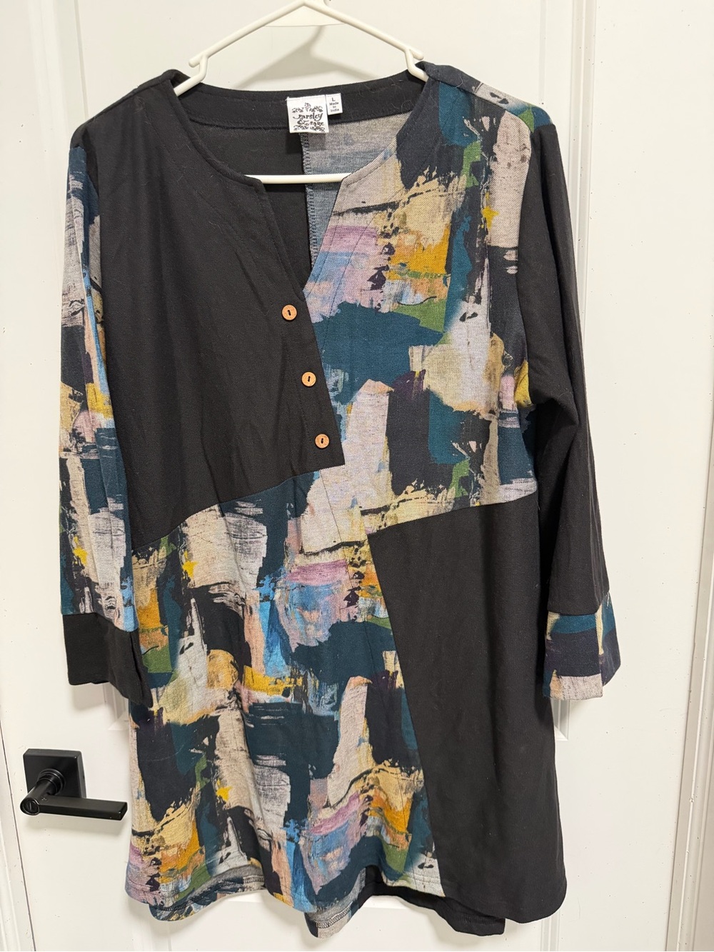Parsley & Sage Black Abstract-Print Long-Sleeve Tunic Dress